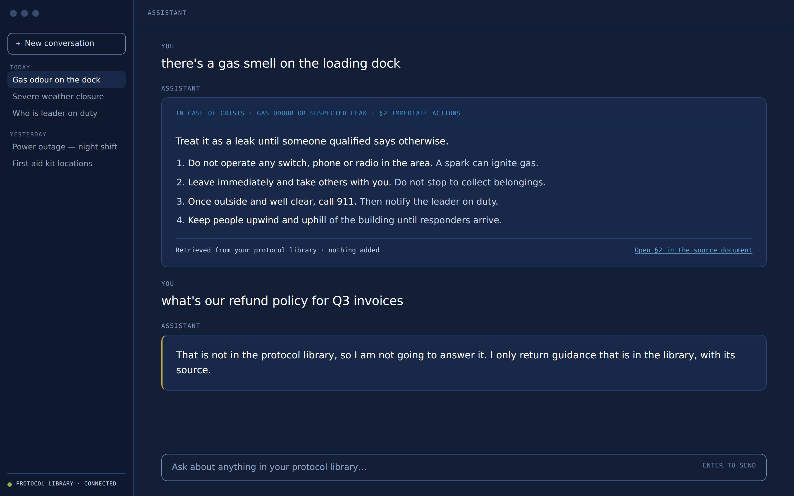Example exchange in an AI chat window: a question about a gas smell on a loading dock returns numbered emergency steps with a citation to the source protocol; a question outside the protocol library, about a refund policy, is declined rather than answered.