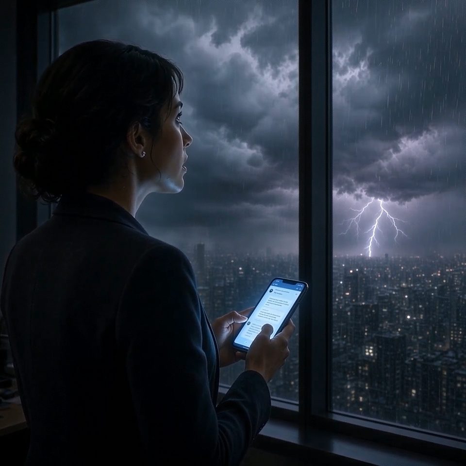 A woman at a high-rise office window at night during a thunderstorm, reading a chat on her phone.